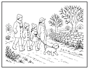 Boxing Day Family Winter Walk coloring page – printable line art