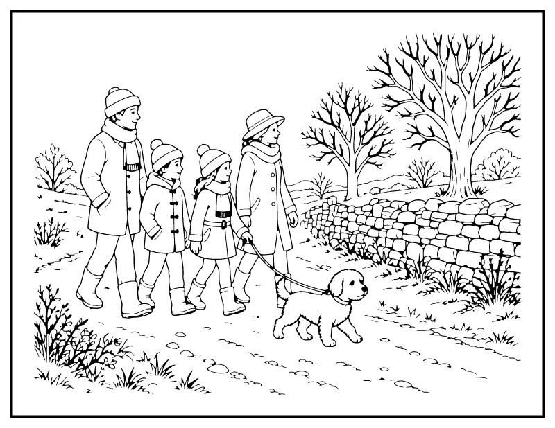 Boxing Day Family Winter Walk coloring page – printable black and white line art