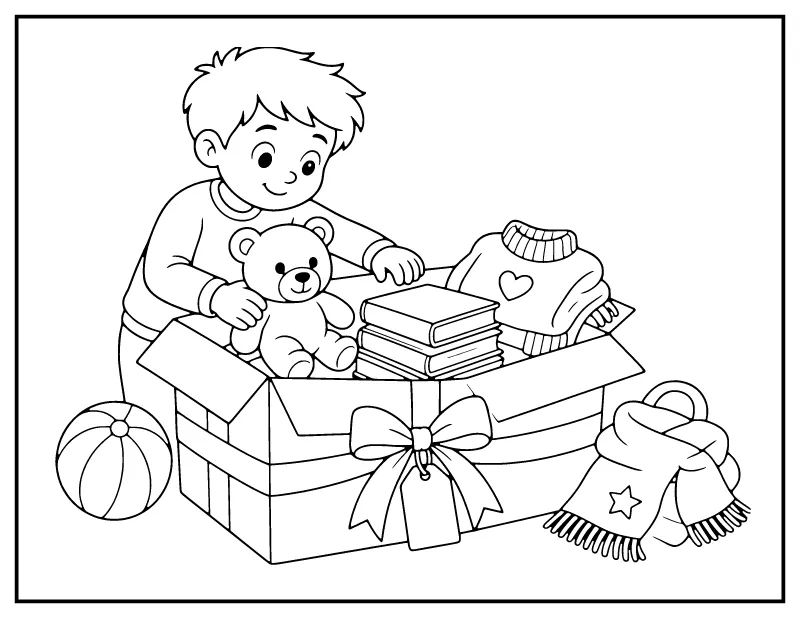 Packing a Box to Give coloring page – printable black and white line art
