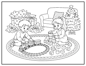 Kids Playing with New Toys coloring page – printable line art