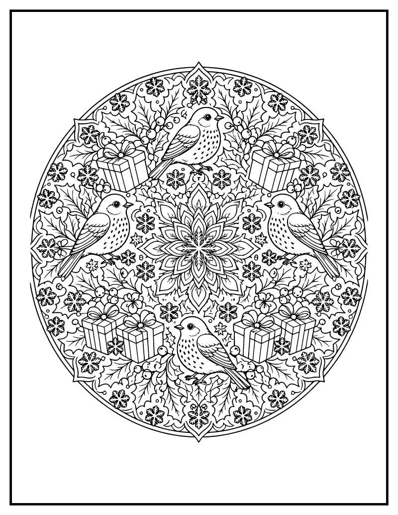 Boxing Day Mandala coloring page – printable black and white line art