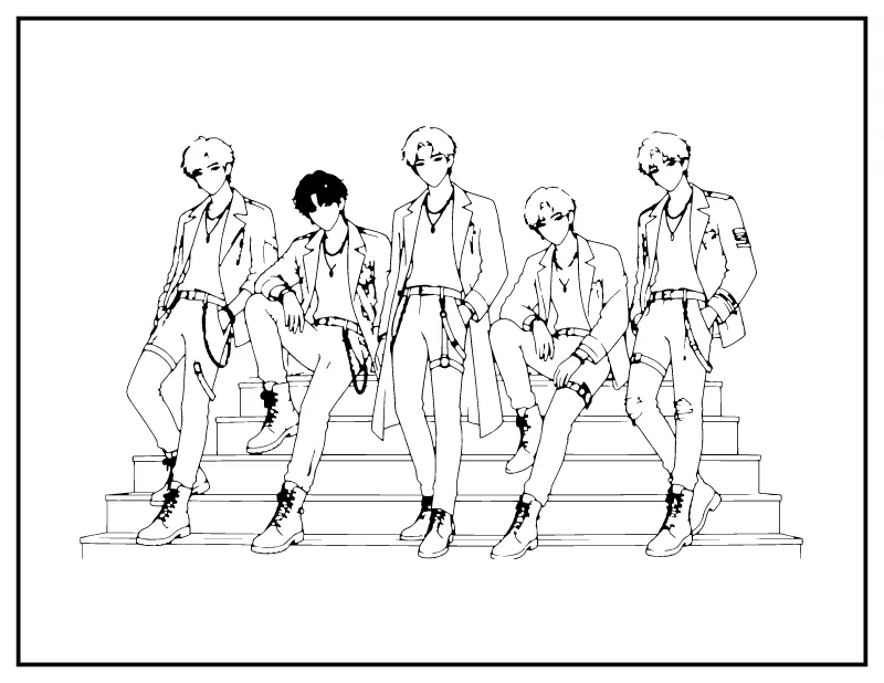 Boy Group Lineup coloring page – printable black and white line art