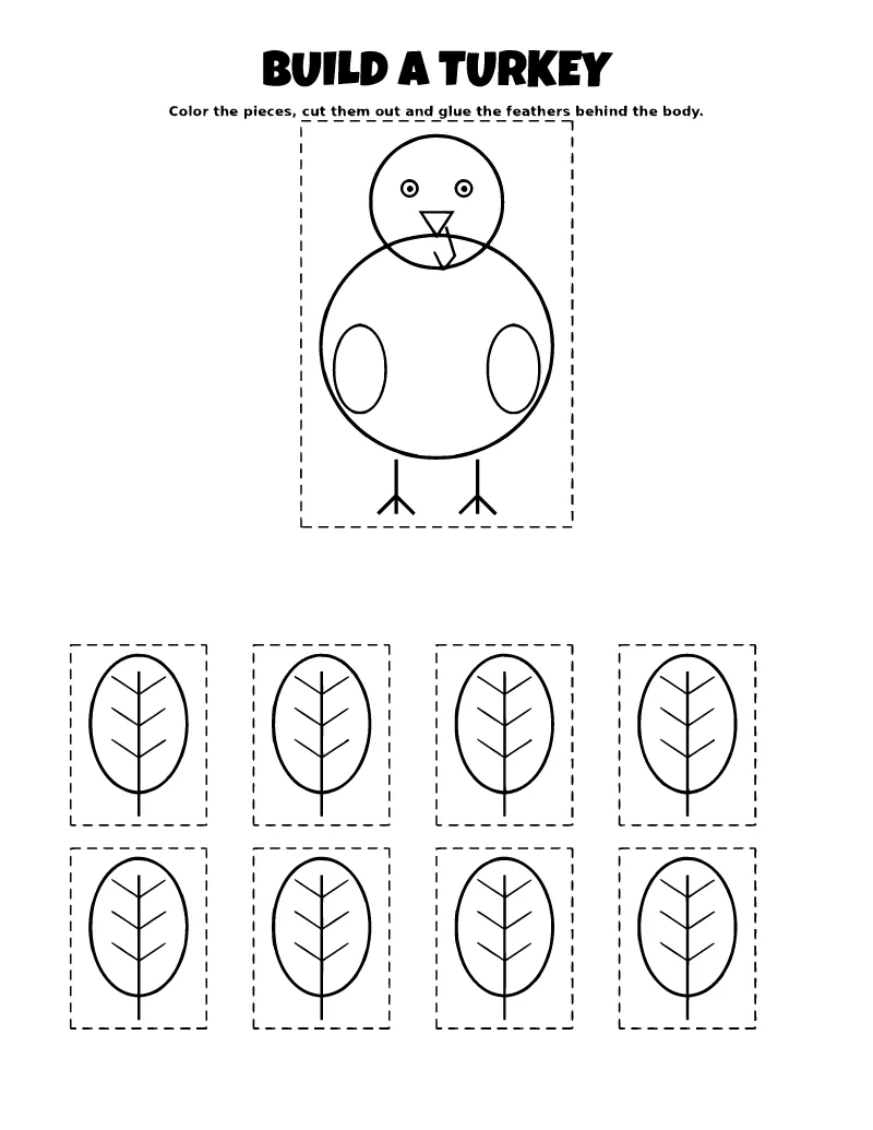 Build a Turkey Cut and Paste Craft coloring page – printable black and white line art
