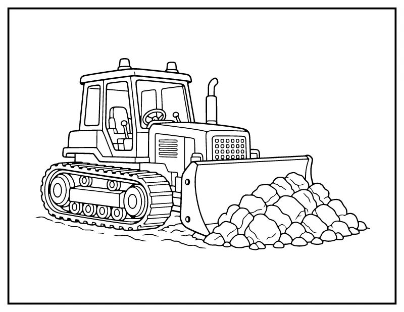 Bulldozer Pushing Dirt coloring page – printable black and white line art