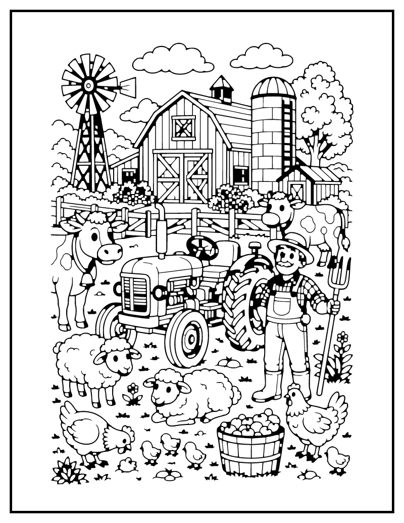 Busy Farm with Tractor coloring page – printable black and white line art