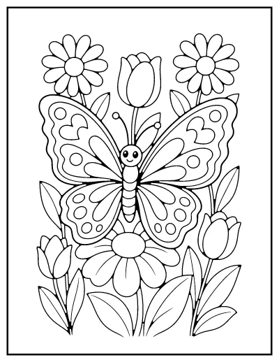 Butterfly on Garden Flowers coloring page – printable line art