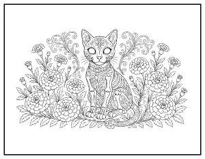 Calavera Cat Among the Marigolds coloring page – printable line art