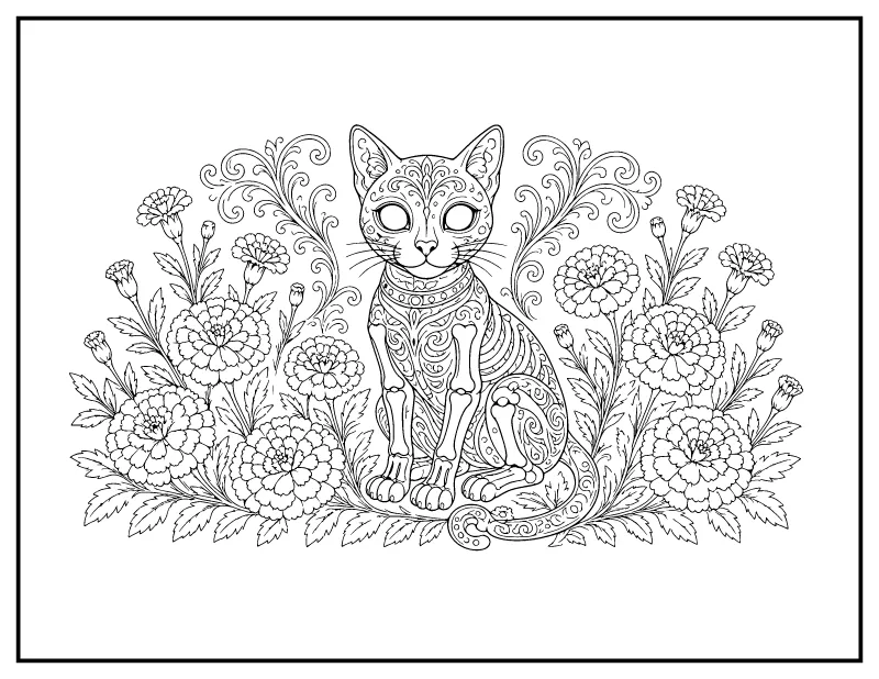 Calavera Cat Among the Marigolds coloring page – printable black and white line art