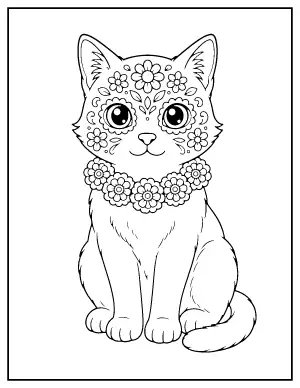 Calavera Cat with Marigolds coloring page – printable line art