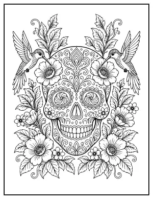 Calavera with Hummingbirds coloring page – printable line art