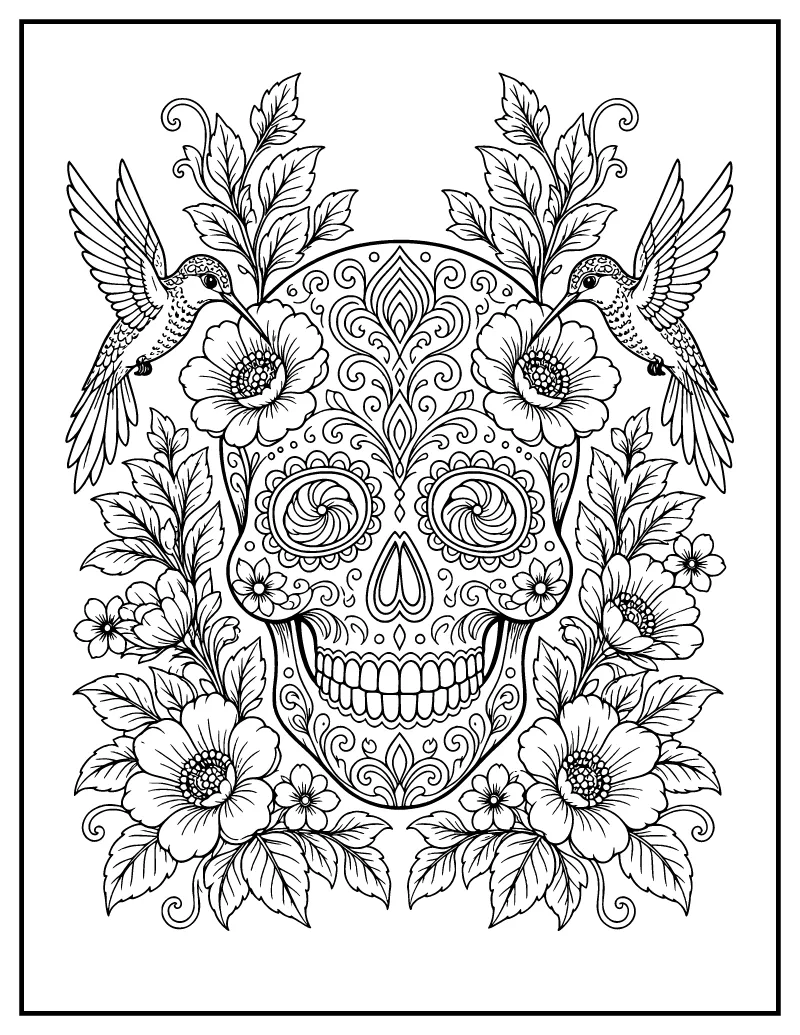 Calavera with Hummingbirds coloring page – printable black and white line art