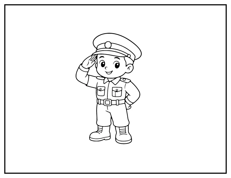 Soldier Saluting in Camo for Kids coloring page – printable black and white line art