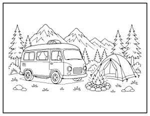 Camper Van at the Campsite coloring page – printable line art