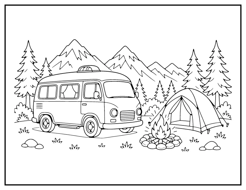 Camper Van at the Campsite coloring page – printable black and white line art