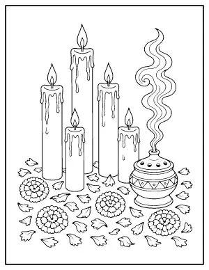 Candles and Copal Incense coloring page – printable line art
