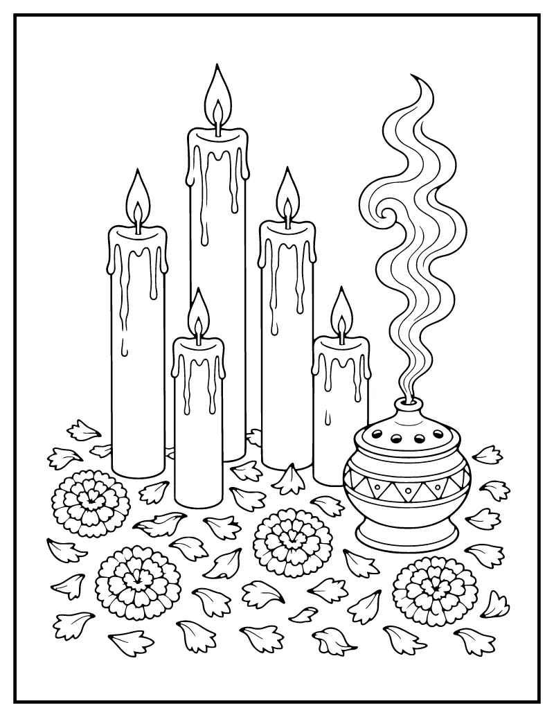 Candles and Copal Incense coloring page – printable black and white line art