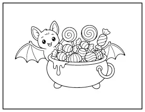 Candy Cauldron with a Bat coloring page – printable line art