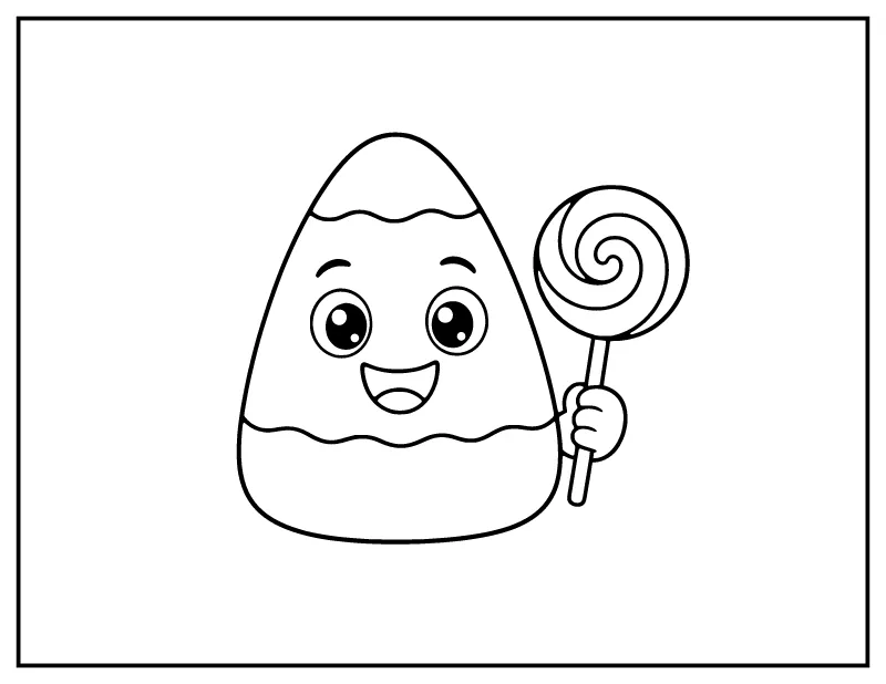 Candy Corn Character with a Lollipop coloring page – printable black and white line art