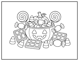 Candy Pile and Pumpkin Bucket coloring page – printable line art