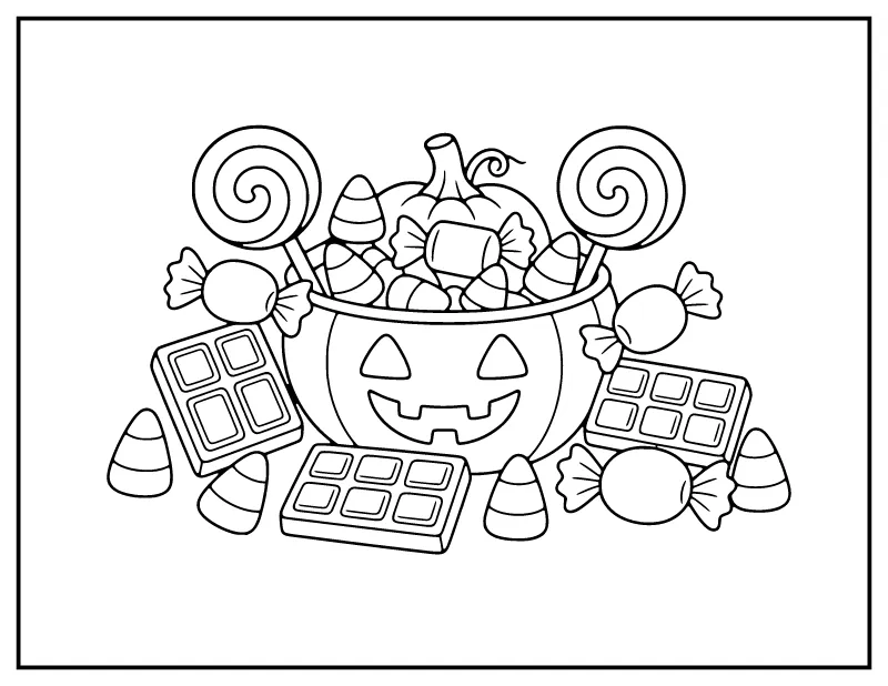 Candy Pile and Pumpkin Bucket coloring page – printable black and white line art