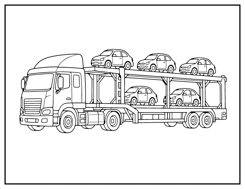 Car Carrier Truck coloring page – printable black and white line art