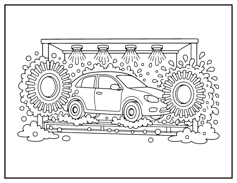 Car Wash Bubbles coloring page – printable black and white line art