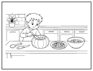 Carving a Pumpkin in the Kitchen coloring page – printable line art