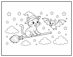 Kitten Flying a Broomstick coloring page – printable line art