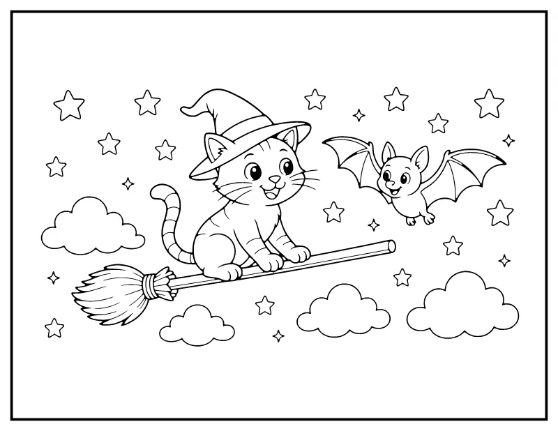 Kitten Flying a Broomstick coloring page – printable black and white line art