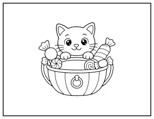 Kitten in a Candy Bucket coloring page – printable line art