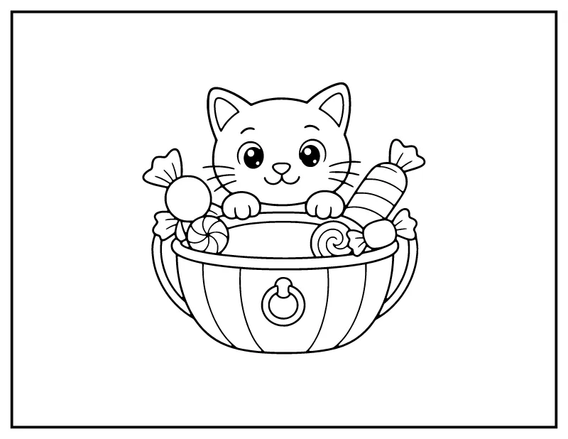 Kitten in a Candy Bucket coloring page – printable black and white line art