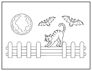 Cat on a Fence under the Moon coloring page – printable line art