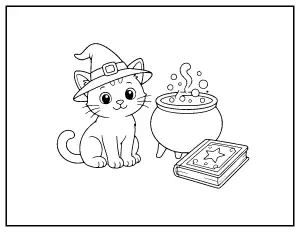Kitten in a Witch Hat with a Cauldron coloring page – printable line art