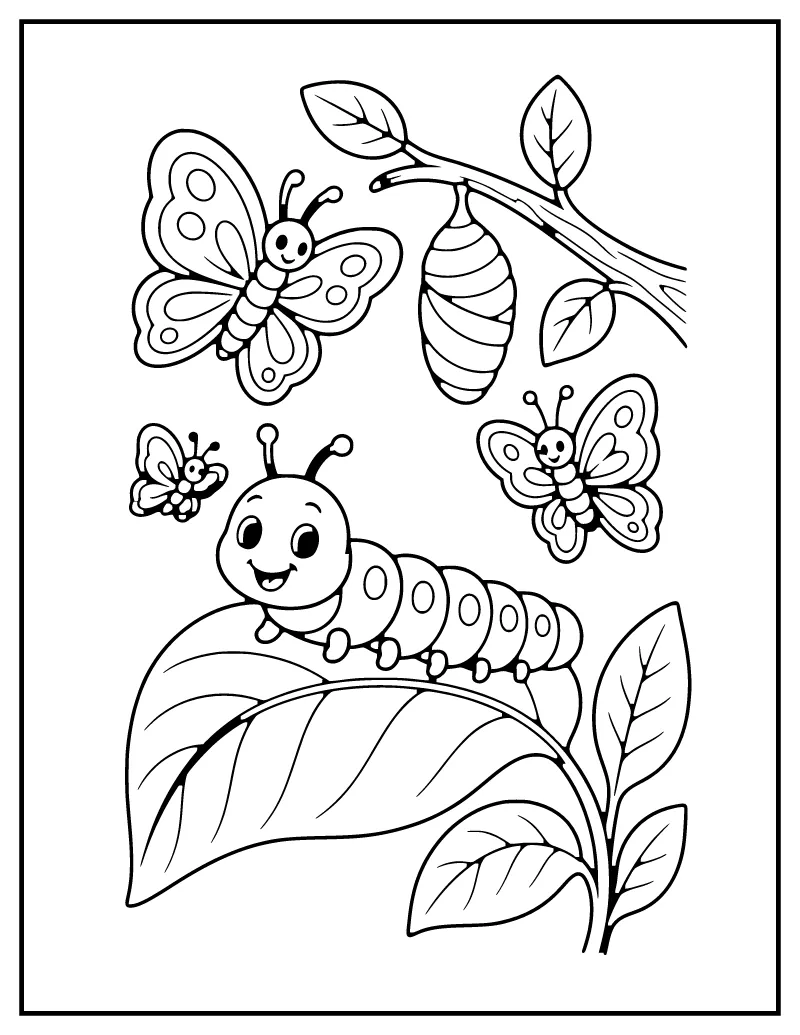 Caterpillar and Butterflies on Leaves coloring page – printable black and white line art