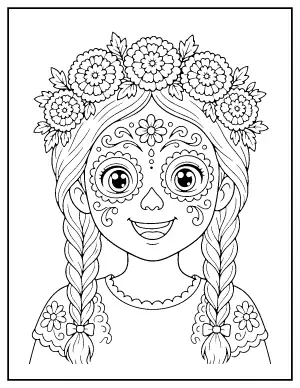 Catrina Girl with a Flower Crown coloring page – printable line art