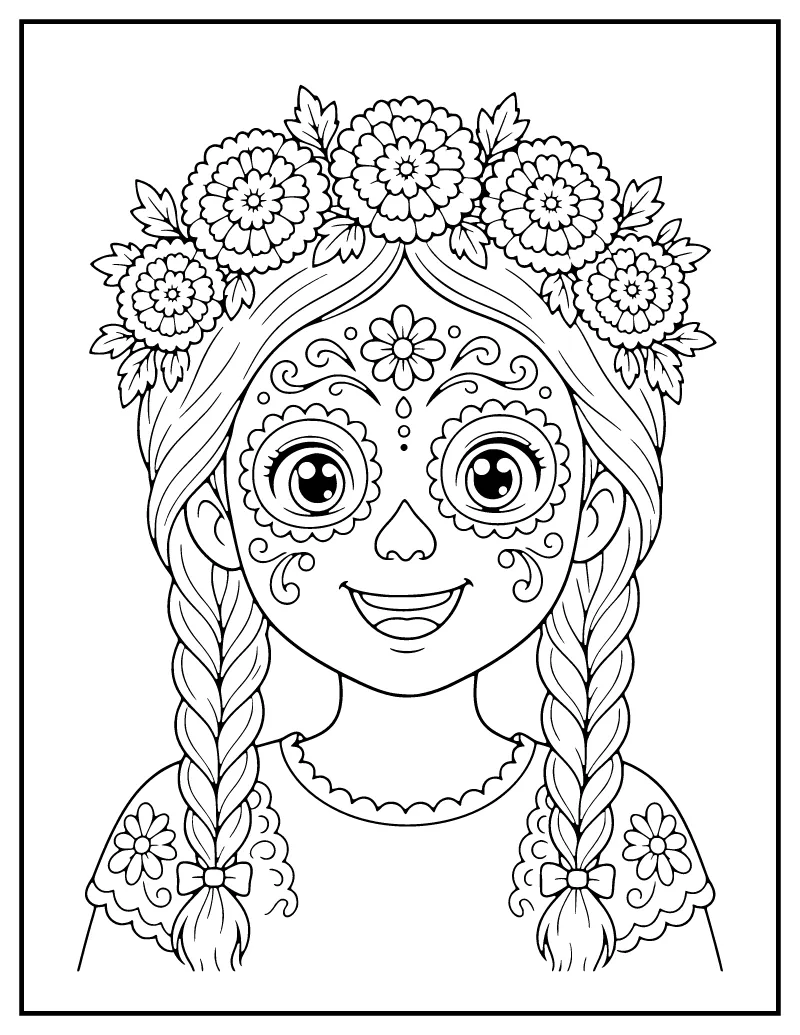Catrina Girl with a Flower Crown coloring page – printable black and white line art