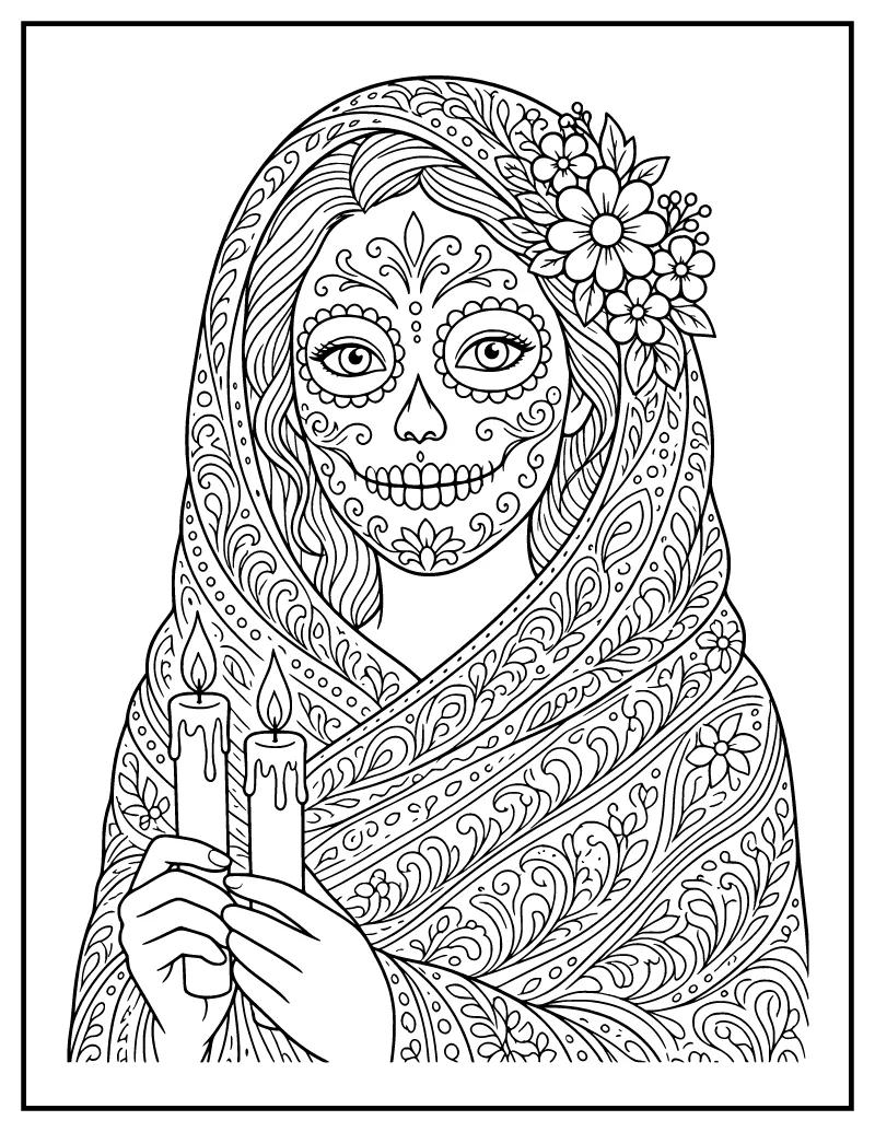 Catrina Woman with a Rebozo coloring page – printable black and white line art