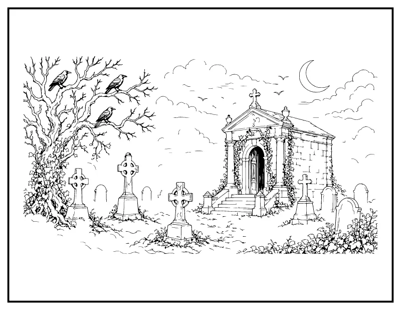 Old Cemetery with a Mausoleum and Crows coloring page – printable black and white line art