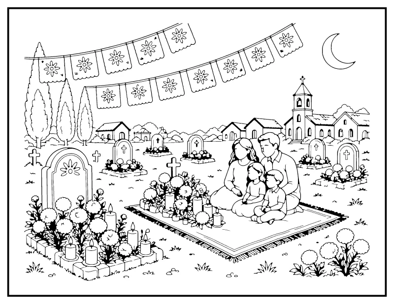 Cemetery Night with Candles and Marigolds coloring page – printable black and white line art