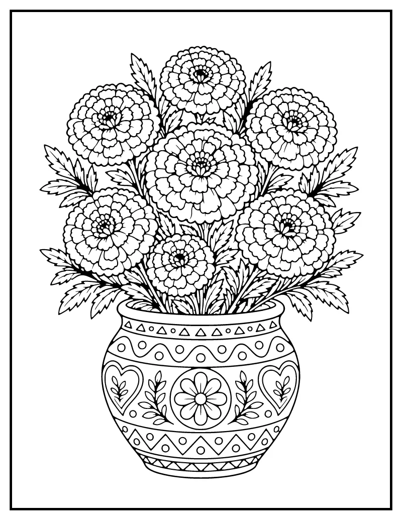 Cempasúchil Marigold Bouquet coloring page – printable black and white line art