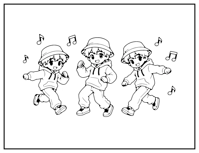 Chibi Boy Band coloring page – printable black and white line art