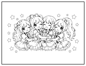 Chibi Girl Group Hug coloring page – printable line art