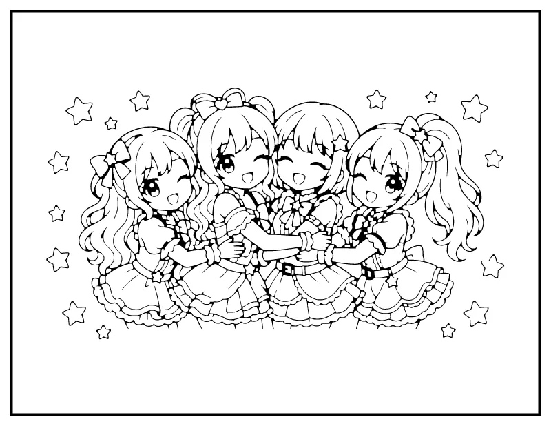Chibi Girl Group Hug coloring page – printable black and white line art