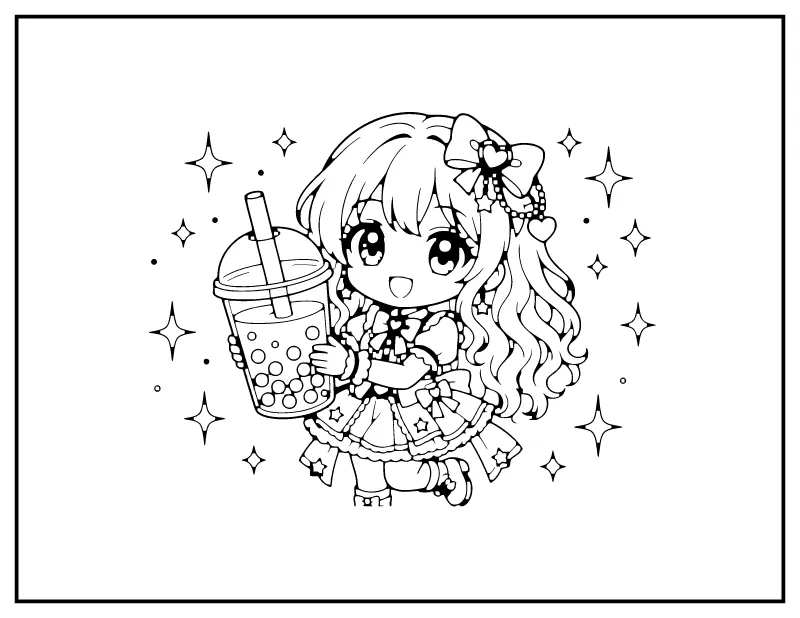 Chibi Idol with Bubble Tea coloring page – printable black and white line art