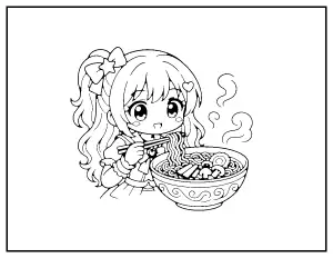 Chibi Idol Eating Ramen coloring page – printable line art