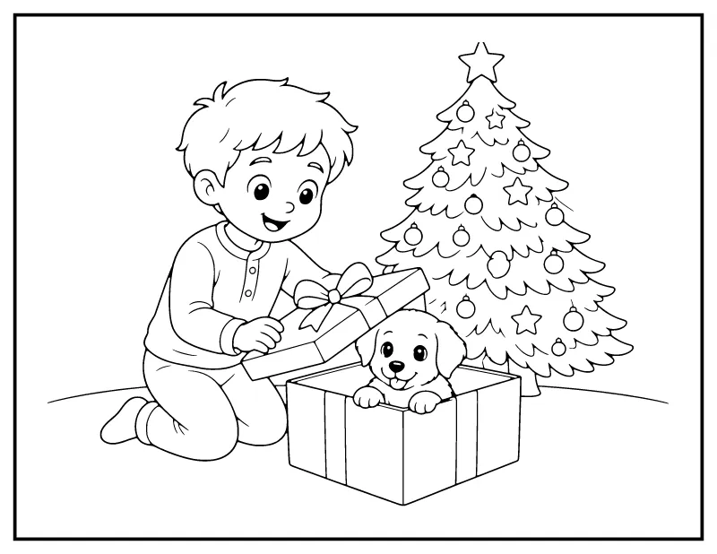 Child Opening a Present with a Puppy Inside coloring page – printable black and white line art