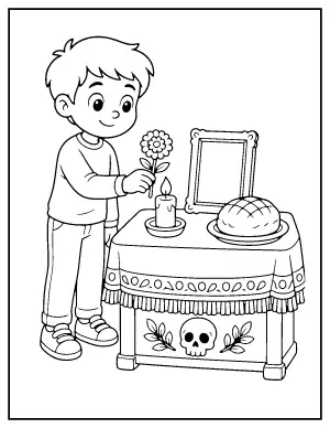 Child Placing Marigolds on the Ofrenda coloring page – printable line art