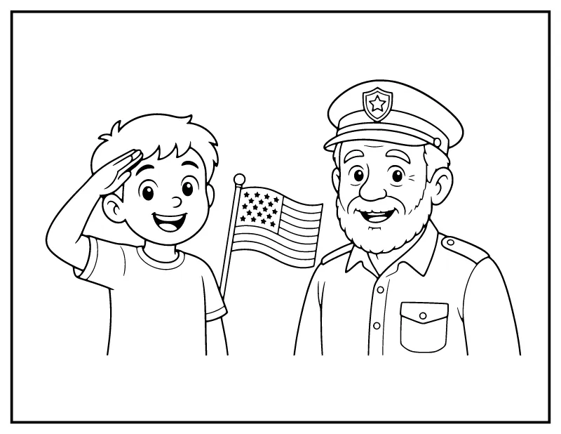 Child Saluting Grandpa Veteran coloring page – printable black and white line art