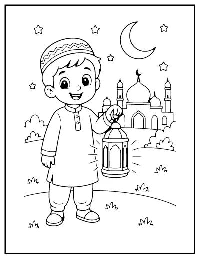 Child with a Ramadan Lantern coloring page – printable line art
