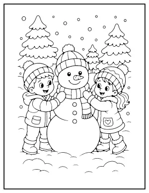 Children Building a Snowman coloring page – printable line art